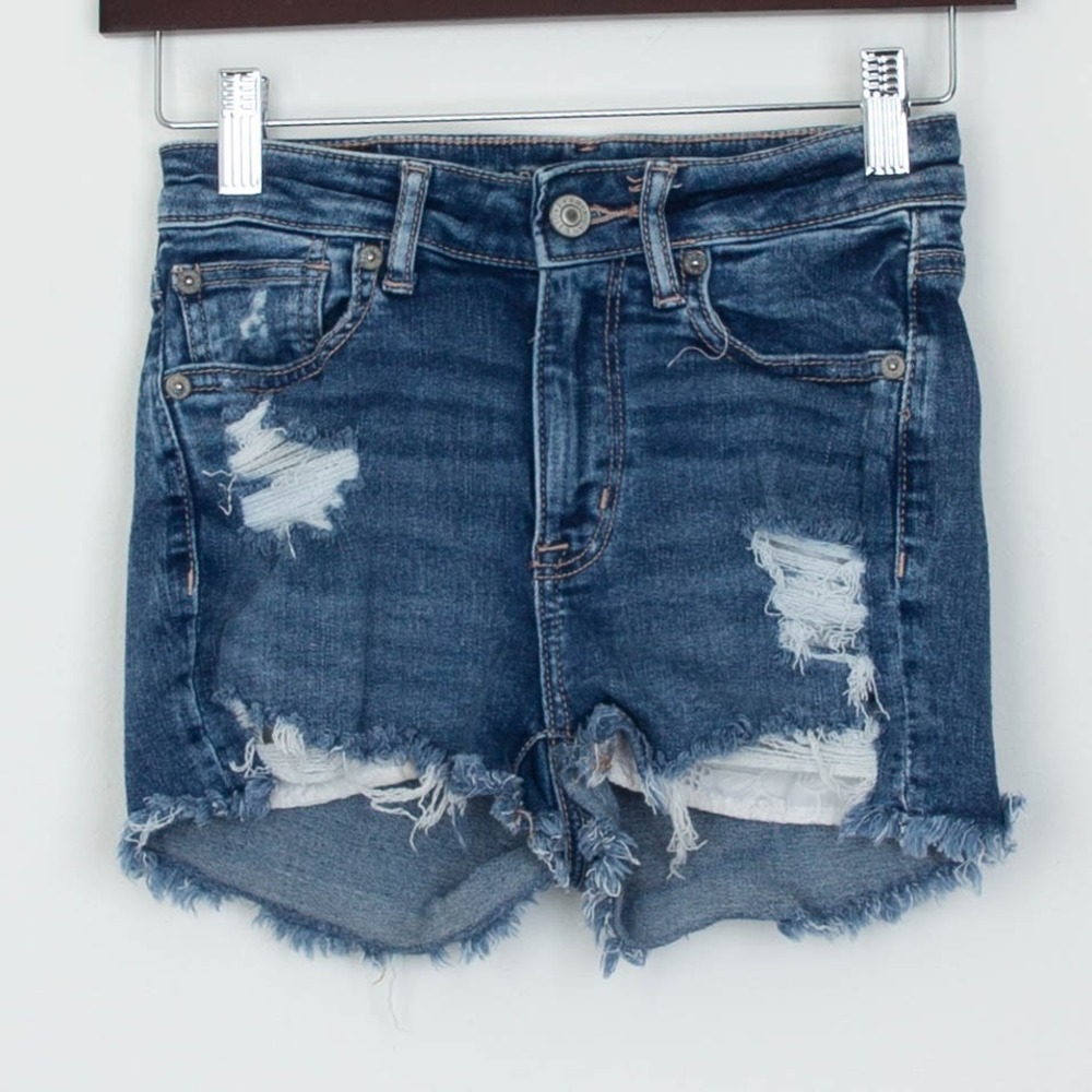 American Eagle‎ Womens High Rise Shortie Denim Shorts Size 00 Blue Distressed